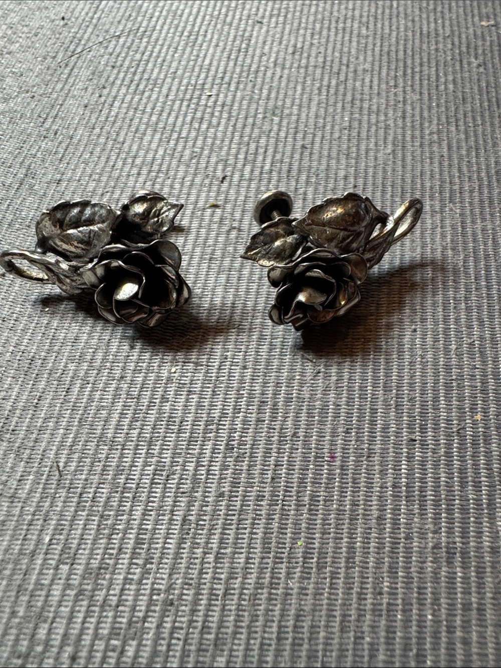 Vintage Sterling Silver Rose Drop Earrings - Floral Leaf Design - Picture 2 of 4